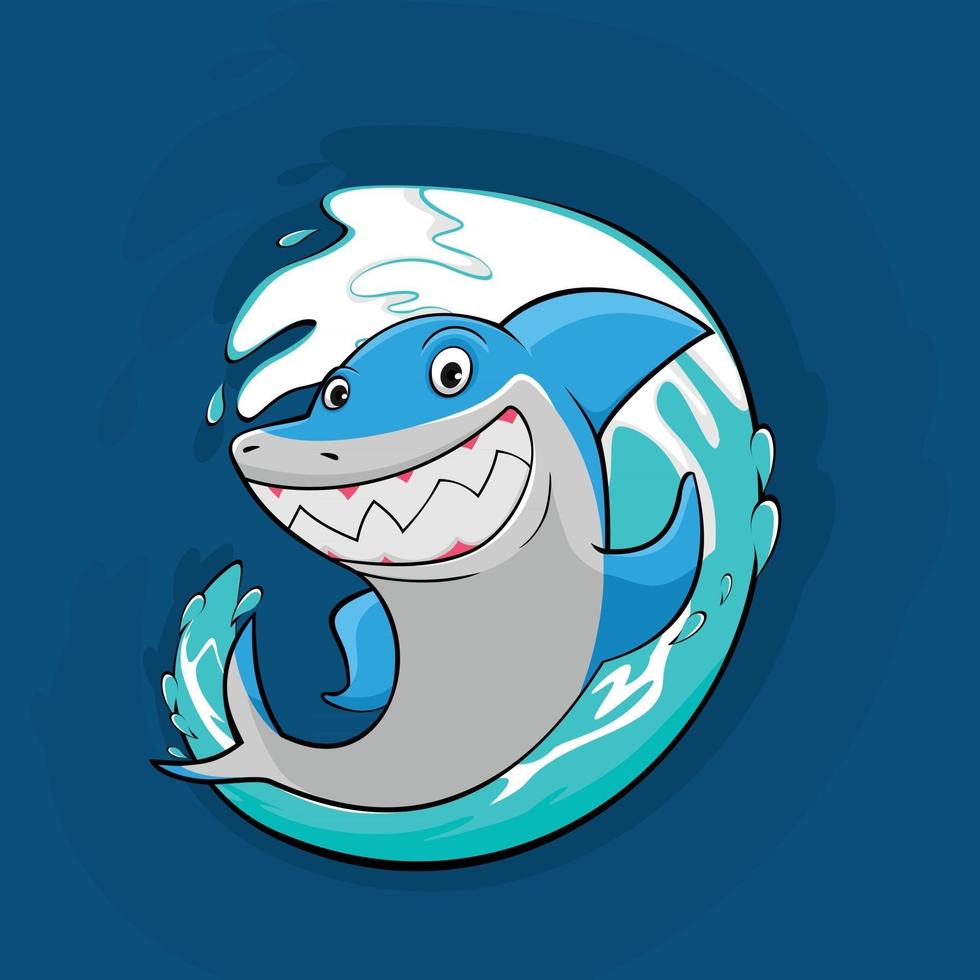 vecteur d'illustration de requin heureux dessin animé souriant avec vague