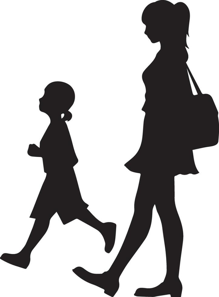 une maman Aller à école avec sa enfant vecteur silhouette 2