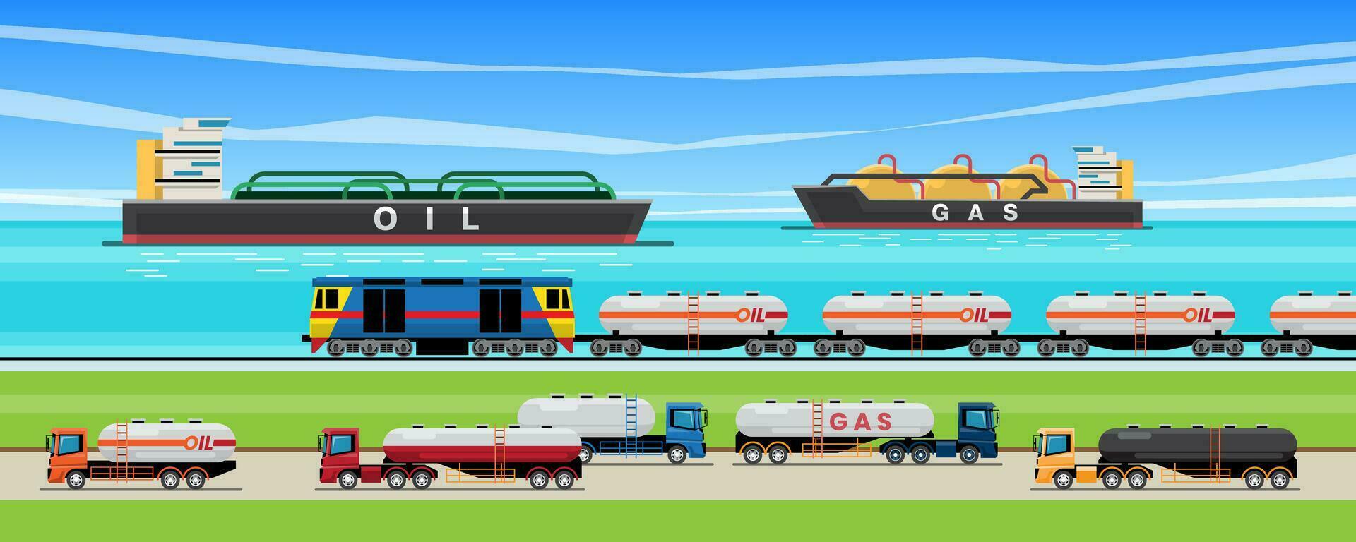 pétrole transport véhicule dans pays, un camion bande annonce train et bateau. vecteur