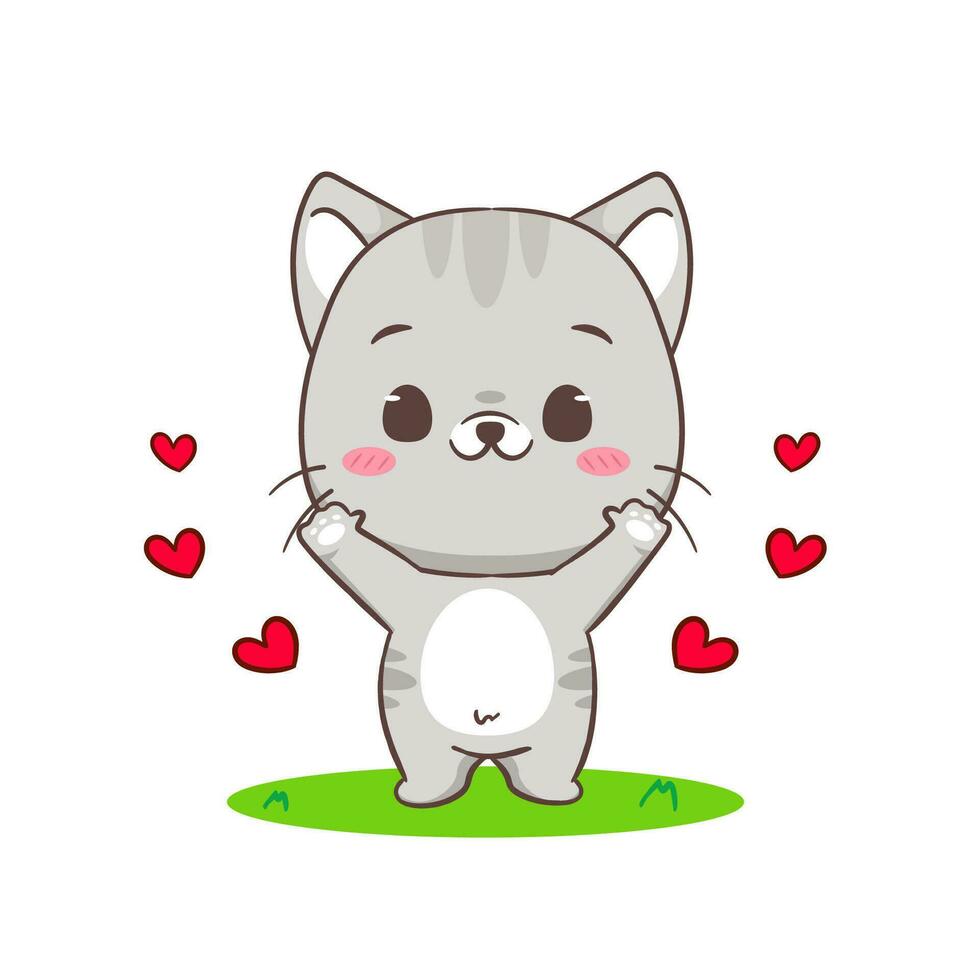 mignonne chat dessin animé personnage agitant main. chibi adorable animal concept conception. isolé blanc Contexte. vecteur art illustration.