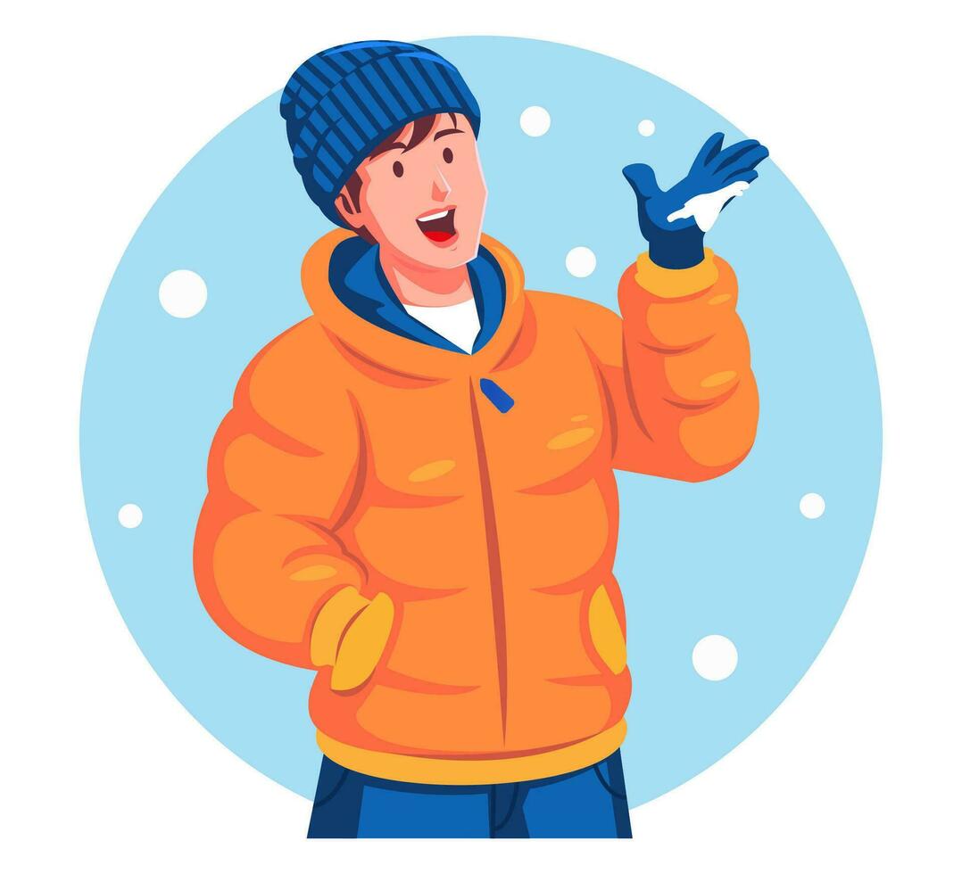 dessin animé illustration de une homme dans hiver vêtements en portant flocons de neige vecteur
