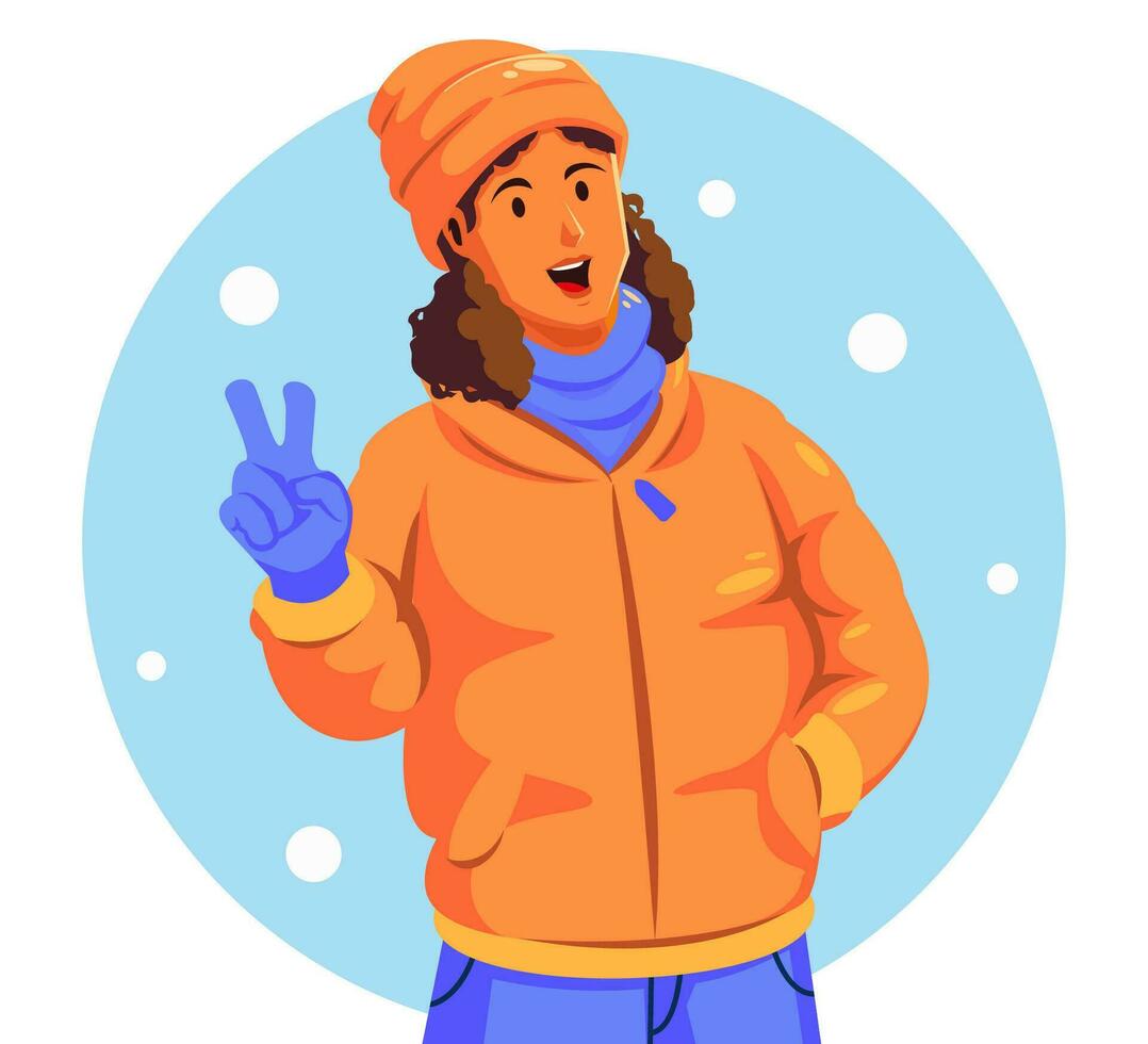 dessin animé illustration de une femme portant hiver vêtements montrant paix signe vecteur