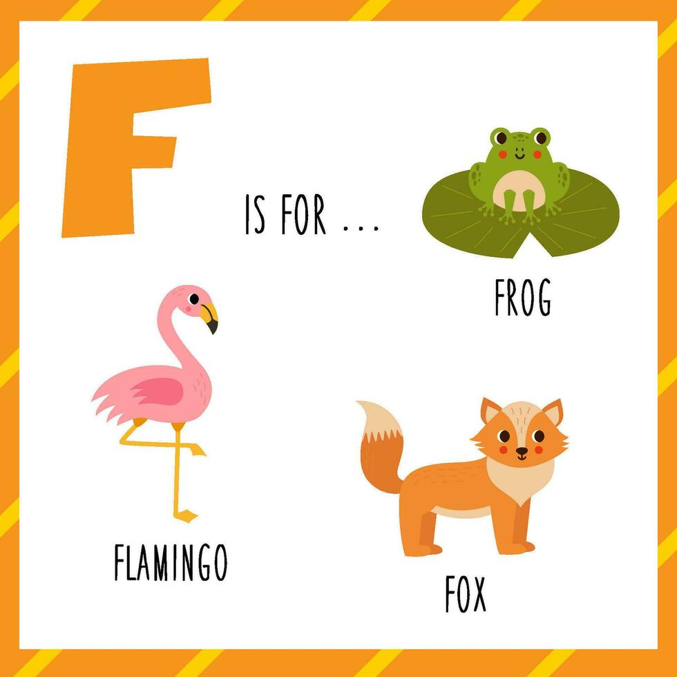apprentissage Anglais alphabet pour enfants. lettre F. mignonne dessin animé grenouille flamant et Renard. vecteur