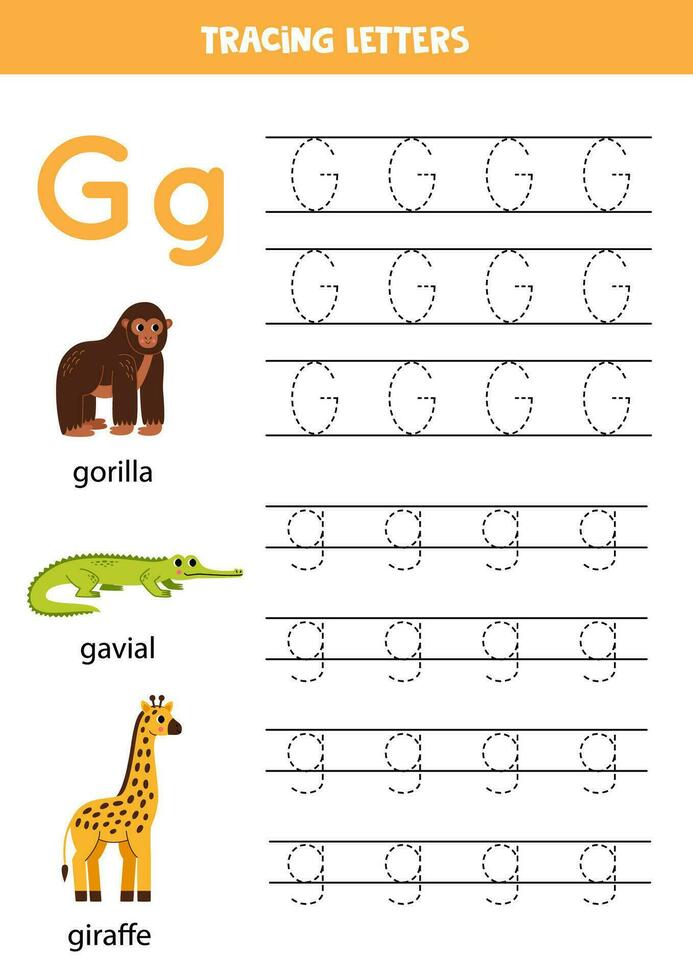 tracé alphabet des lettres pour enfants. animal alphabet. lettre g est pour gorille gavial et girafe. vecteur