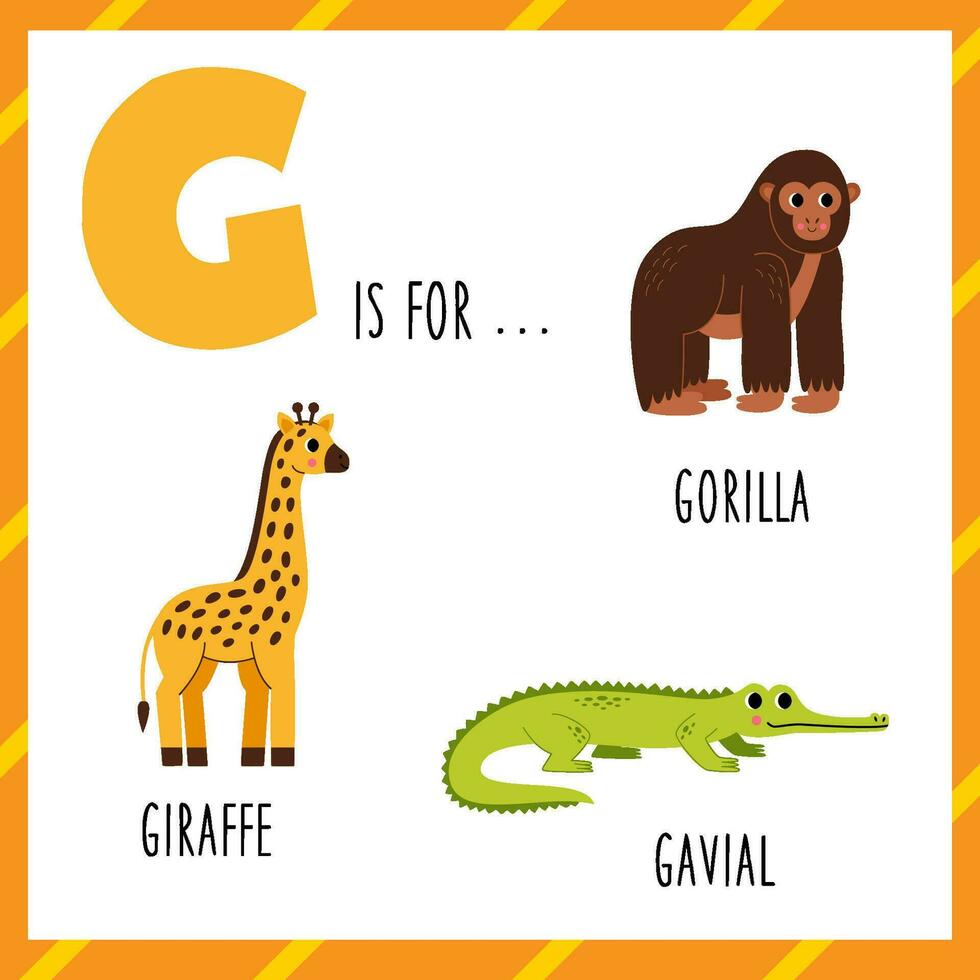 apprentissage Anglais alphabet pour enfants. lettre g. mignonne dessin animé gorille girafe gavial. vecteur