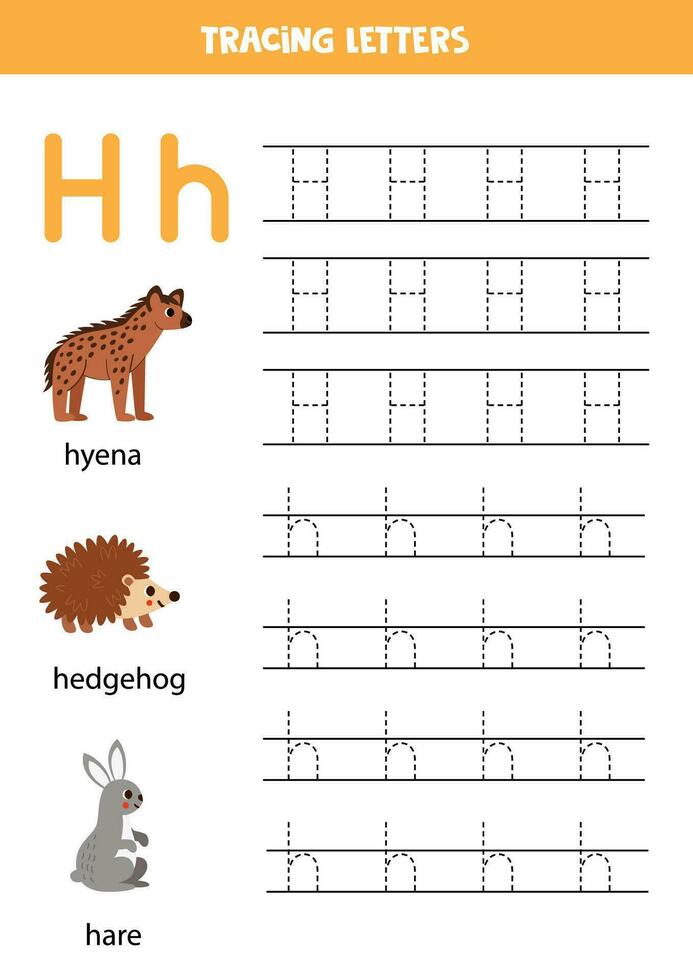 tracé alphabet des lettres pour enfants. animal alphabet. lettre h est pour hyène hérisson et lièvre. vecteur