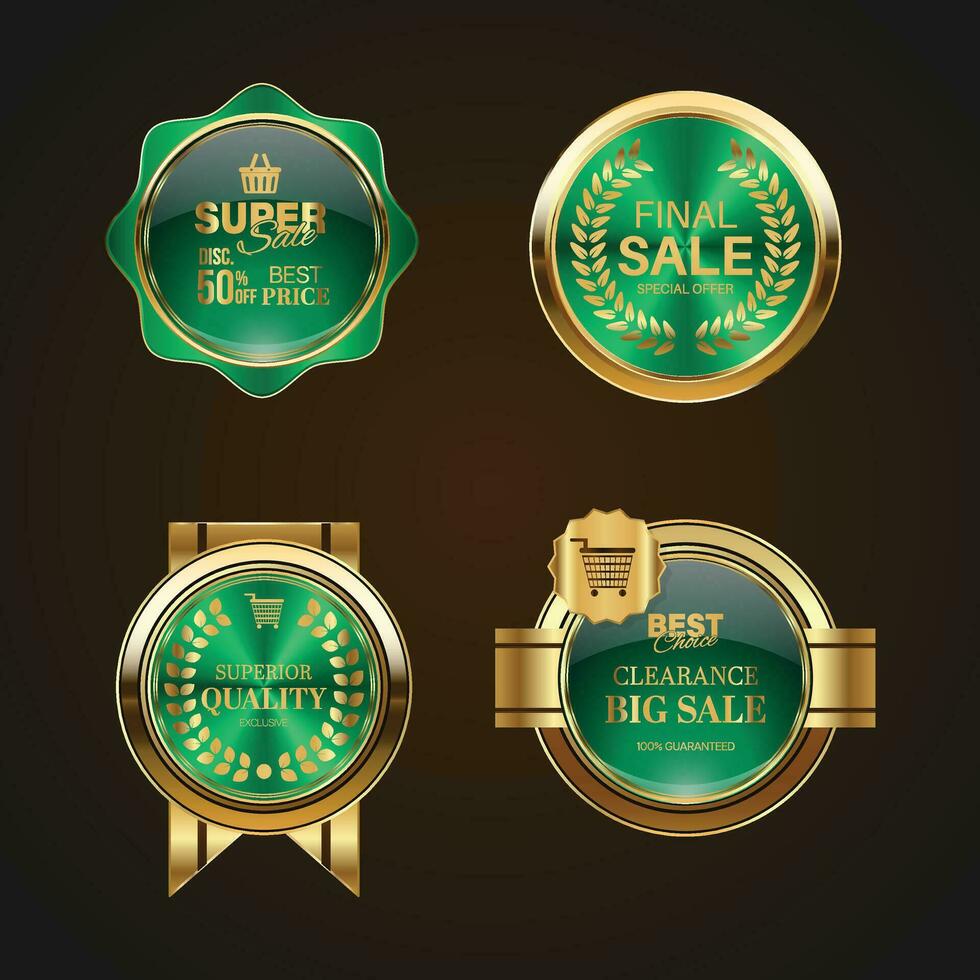 luxe d'or vert vente badges et Étiquettes. rétro ancien vente cercle badge conception vecteur