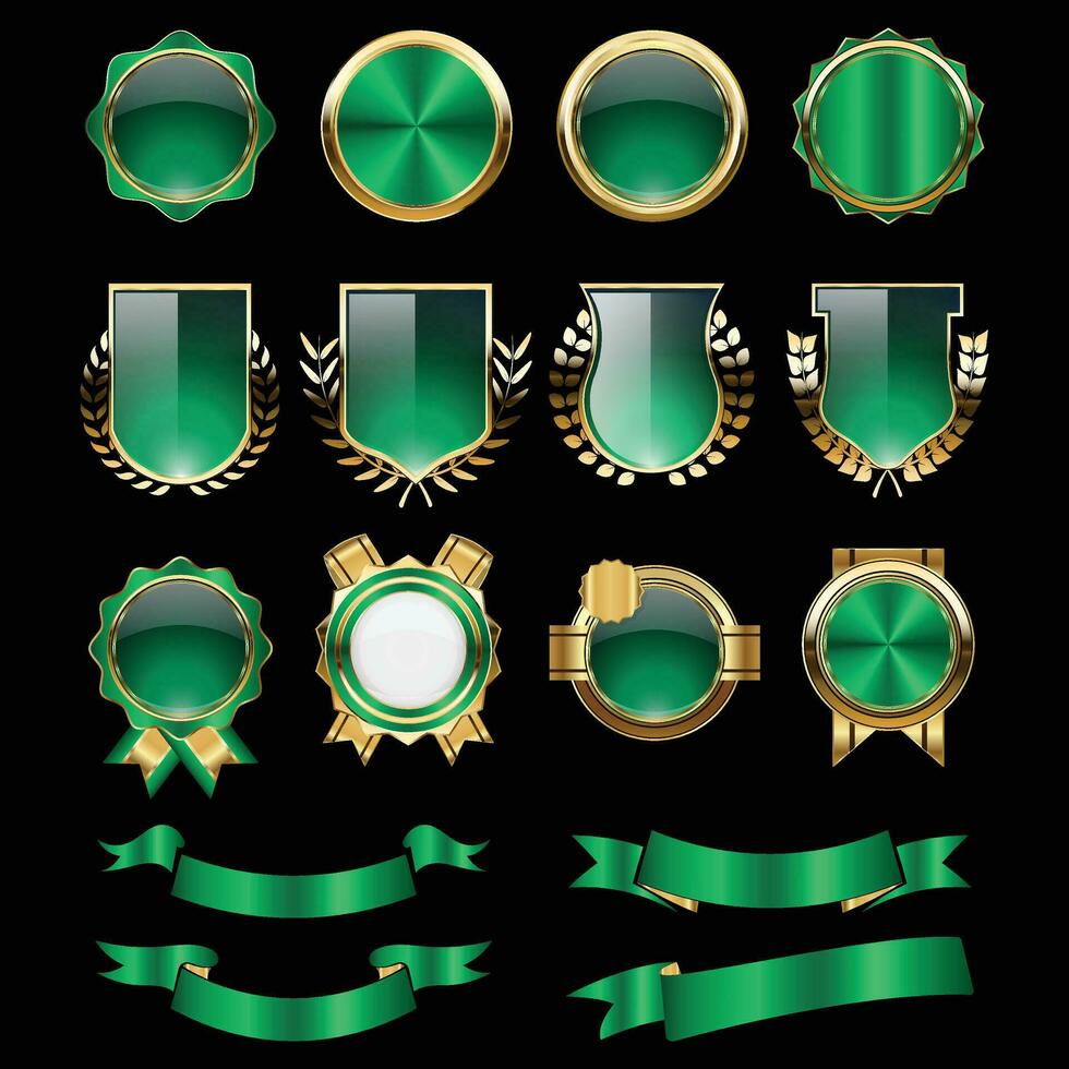 luxe d'or vert badges et Étiquettes. rétro ancien cercle badge conception vecteur