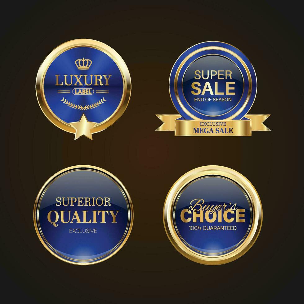 luxe d'or bleu vente badges et Étiquettes. rétro ancien vente cercle badge conception vecteur