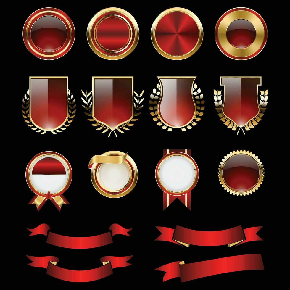 luxe d'or rouge badges et Étiquettes. rétro ancien cercle badge conception vecteur