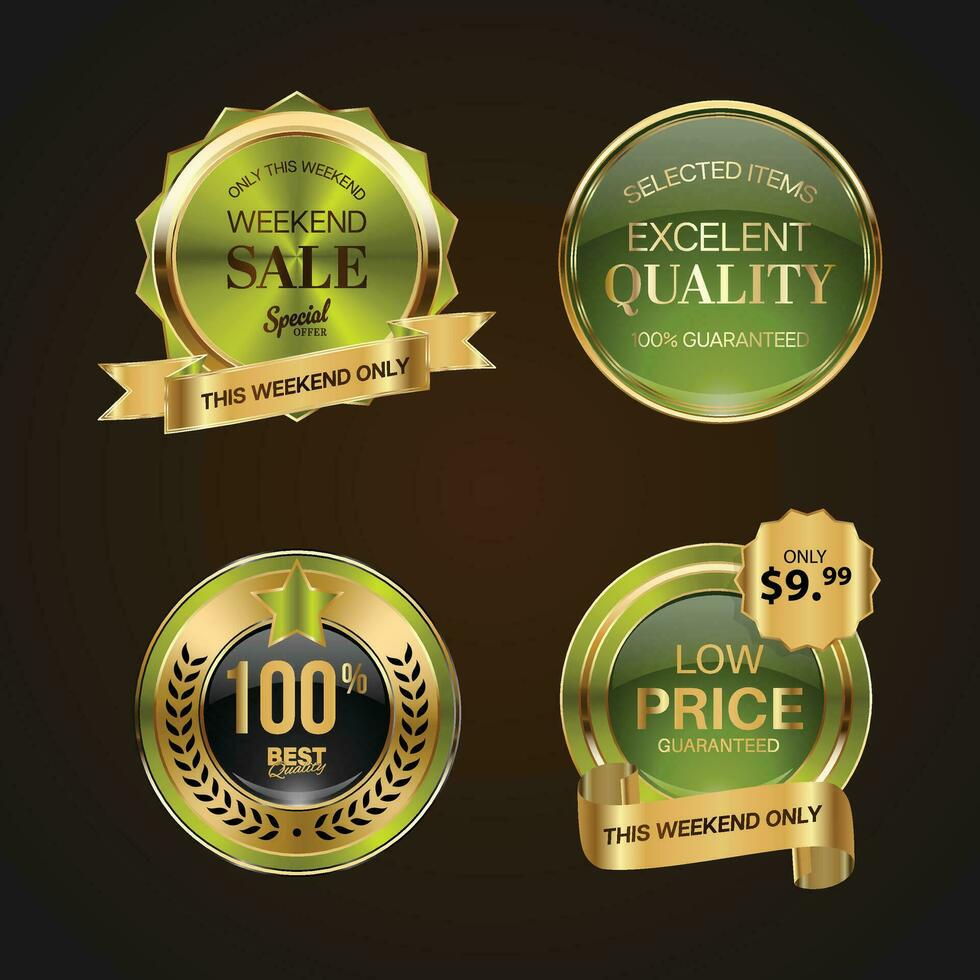 luxe d'or vert vente badges et Étiquettes. rétro ancien vente cercle badge conception vecteur