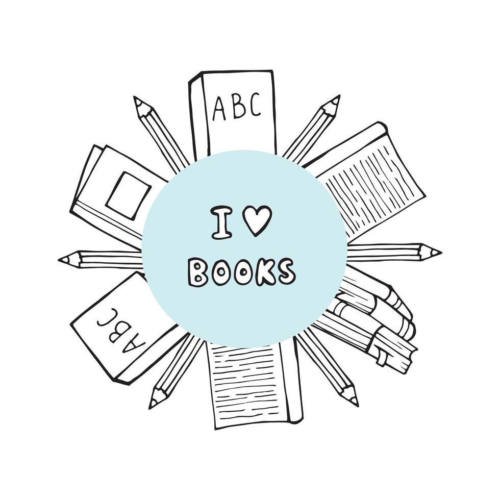 doodle pile de livres avec coeur, peut être utilisé comme carte promo vecteur