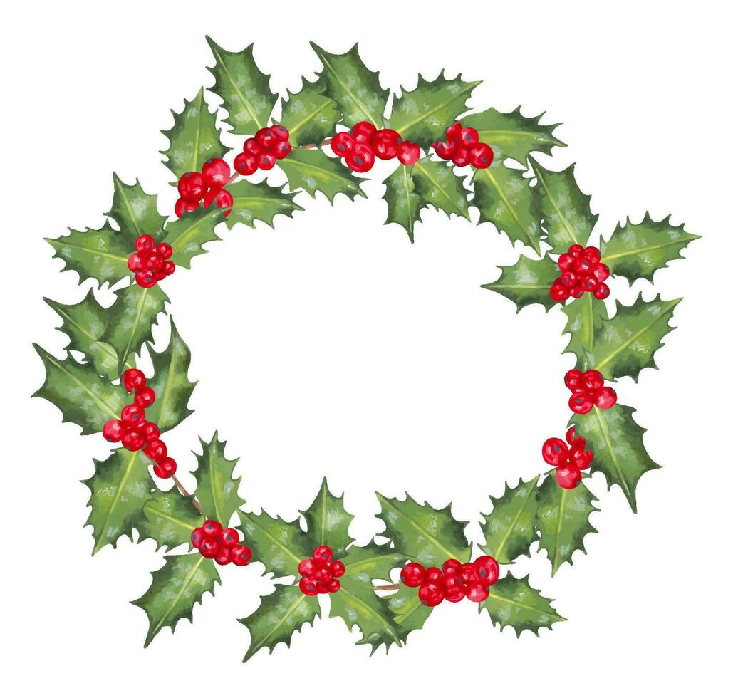 Noël couronne fabriqué de rouge houx baies avec vert feuilles. décor pour le Nouveau année, Noël et saisonnier vacances. traditionnel hiver guirlande. joyeux Noël vacances design.fait à la main isolé art vecteur