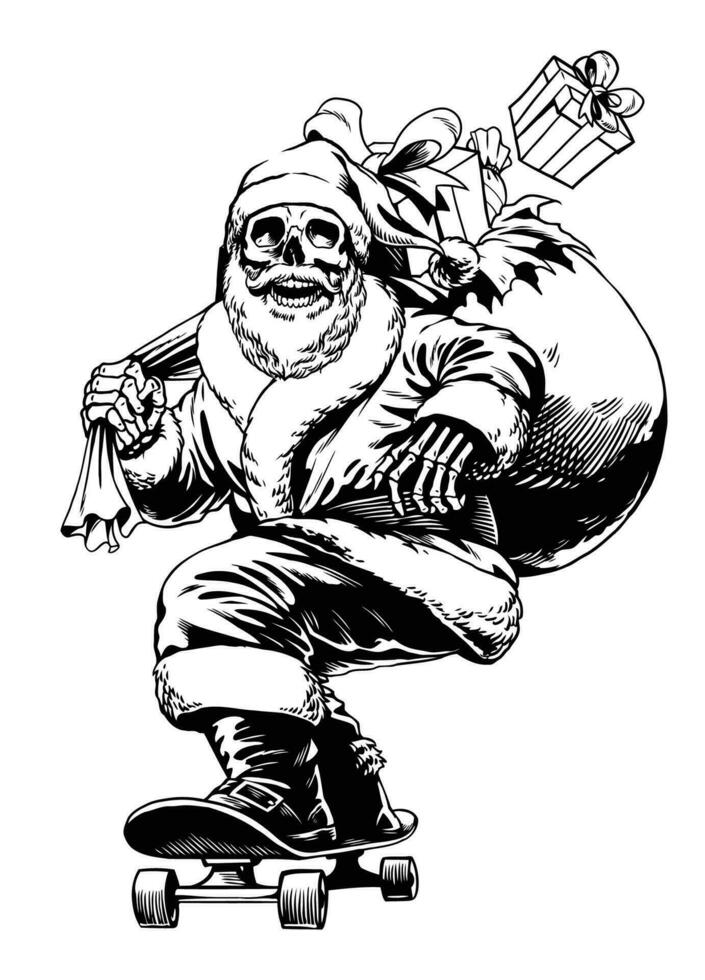 main tiré illustration de crâne Père Noël balade planche à roulette ancien vecteur