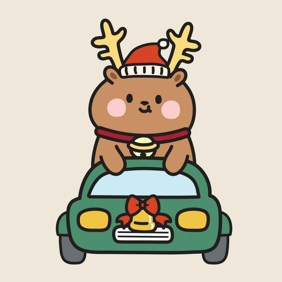 mignonne cerf porter Père Noël chapeau conduire voiture.animal dessin animé personnage conception.noël concept.enfant graphique main dessiné.kawaii.vector.illustration. vecteur