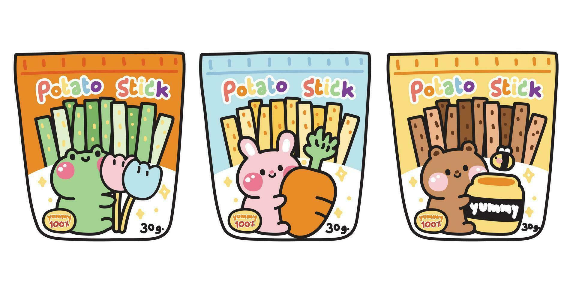 ensemble de mignonne Patate bâton avec animaux sur étiquette.snack.yummy.food.reptile,sauvage,rongeur animal personnage dessin animé design.frog,lapin,ours main tiré collection.kawaii.illustration.vectorielle. vecteur