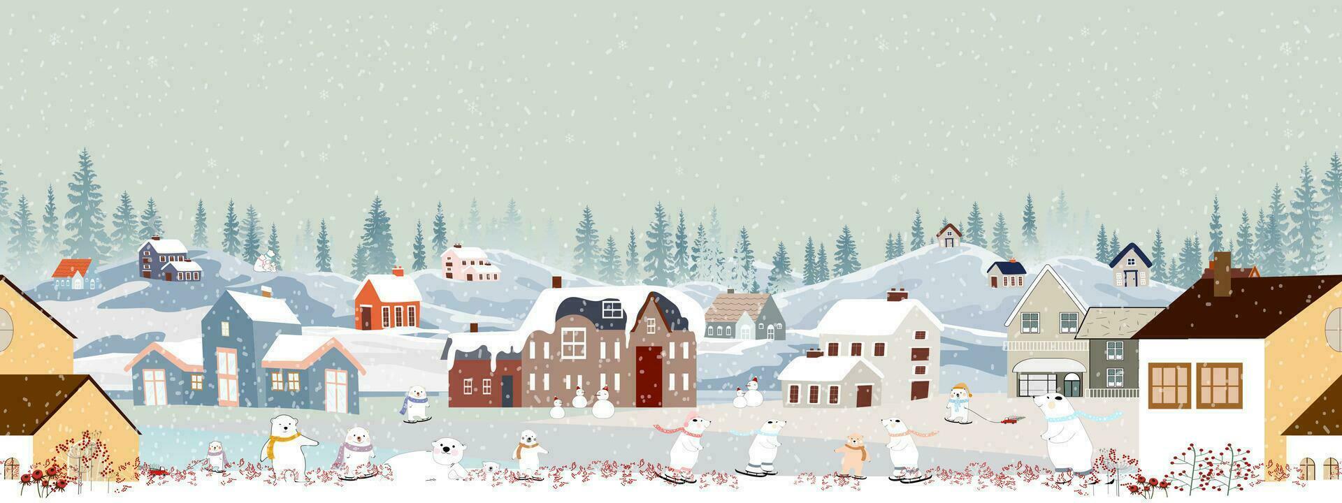 hiver paysage, sans couture modèle Noël nuit mignonne polaire ours famille en jouant la glace patin sur collines, vecteur sans couture hiver pays des merveilles ours célébrer dans forêt, joyeux noël, nouveau année Contexte
