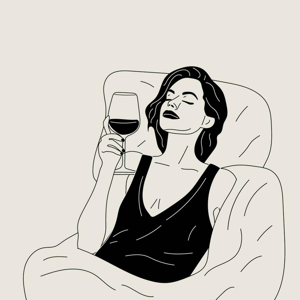noir et blanc femme les boissons une verre de du vin dans lit. vecteur. du vin temps vecteur