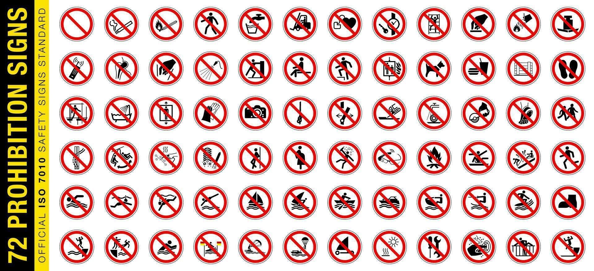 plein ensemble de 72 isolé interdiction symboles sur rouge franchi en dehors cercle planche avertissement signe. officiel iso 7010 sécurité panneaux standard. vecteur