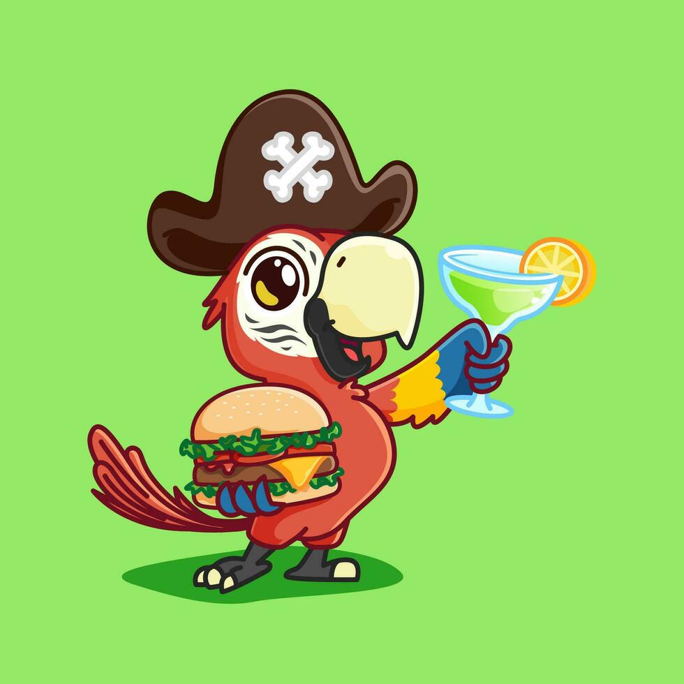 mignonne dessin animé ara oiseau mascotte tenir Burger et cocktail utilisation pirate chapeau.adorable dessin animé mascotte illustration vecteur