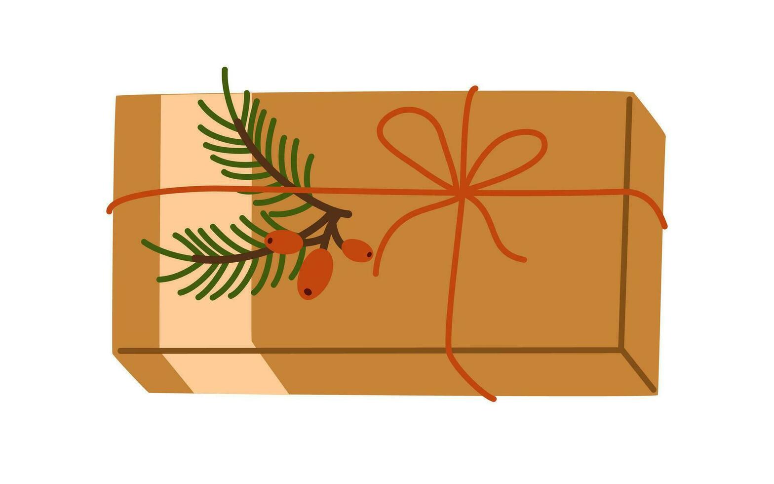 Noël cadeau boîte dans kraft papier, vacances emballage. présent décoré avec baie bifurquer, étiqueter, enveloppé dans éco recyclé artisanat. plat vecteur illustration isolé sur blanc Contexte