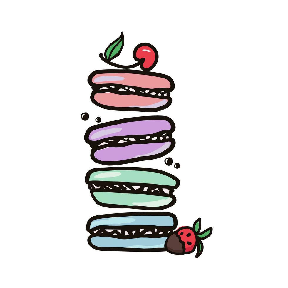 sucré nourriture vecteur bannière vague des illustrations collection de desserts. macaron avec Cerise et fraise fruit. main tiré coloré vecteur illustration isolé sur blanc Contexte.