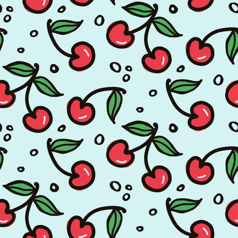 Cerise et fraise fruit sans couture modèle. été baies, des fruits avec feuilles, vecteur Contexte. main tiré griffonnage illustration pour couverture, tissu, fond d'écran texture, toile de fond, mariage invitation