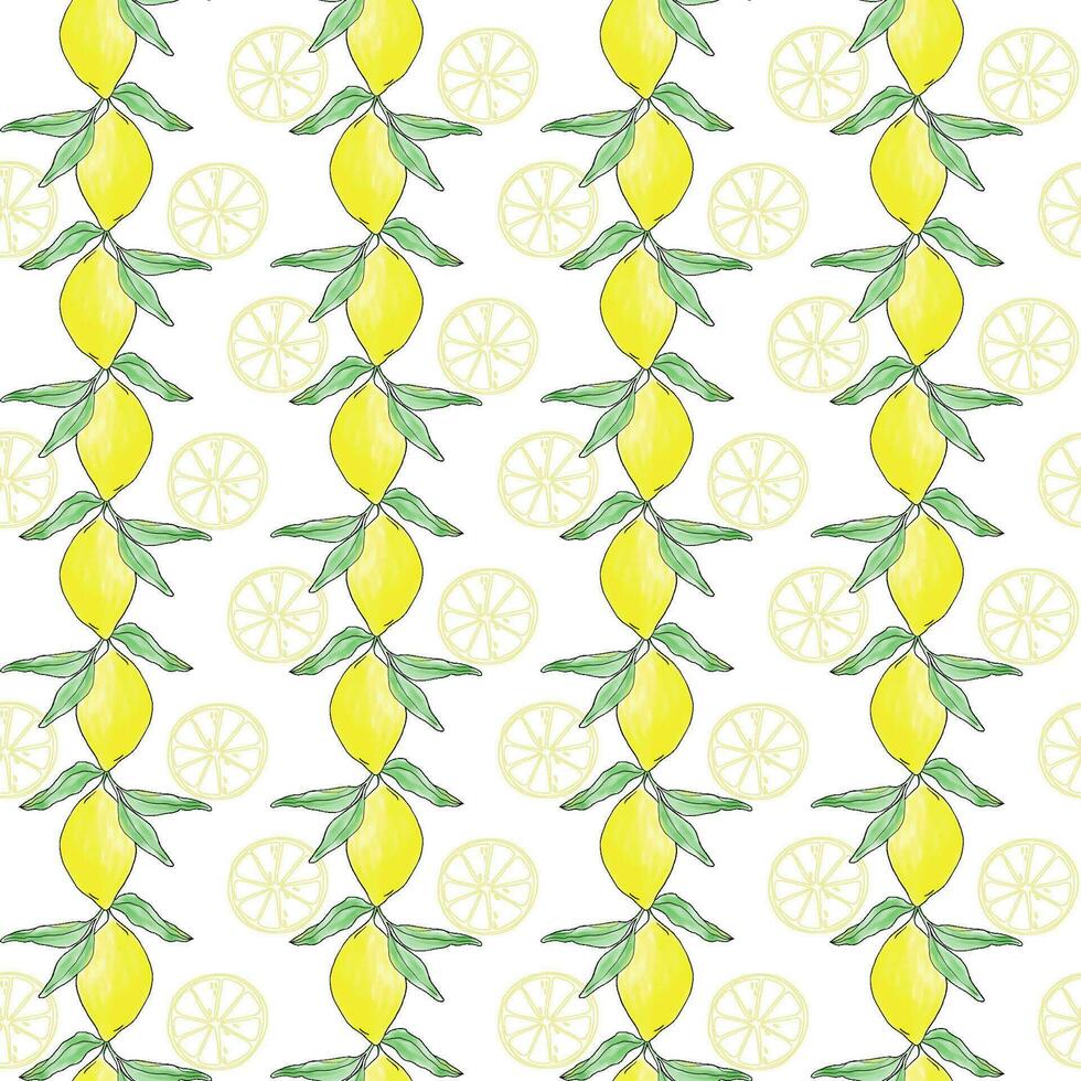 citron sans couture modèle, rayures répéter modèle pour textile. Jaune agrumes fruit avec feuilles rétro Contexte. élégant en tissu sur lumière Contexte surface modèle conception vecteur