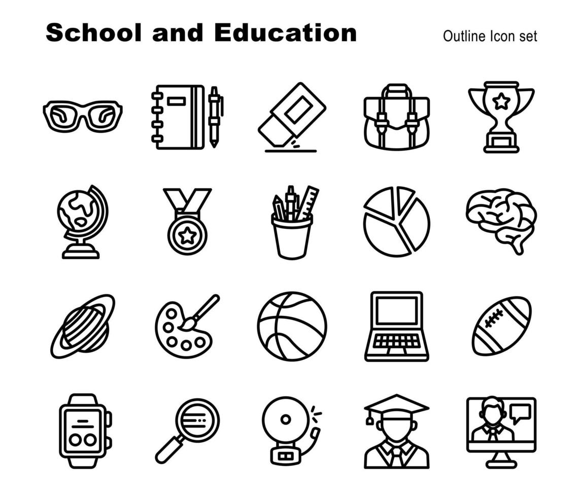 ensemble simple de 20 icônes de contour vectoriel d'élément d'école et d'éducation