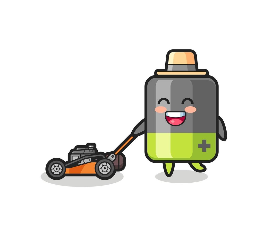 illustration du personnage de la batterie à l'aide d'une tondeuse à gazon vecteur