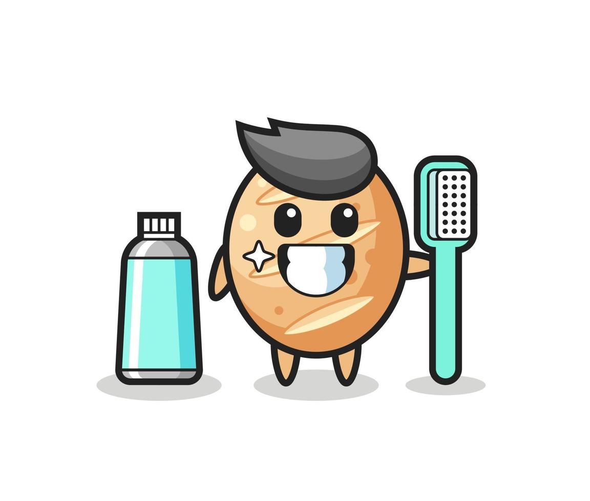 illustration de mascotte de pain français avec une brosse à dents vecteur