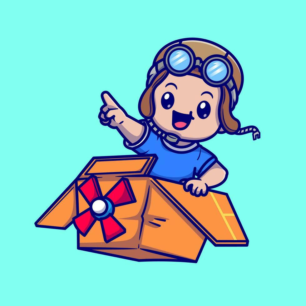 mignonne garçon pilote conduite papier carton avion dessin animé vecteur icône illustration. gens éducation icône concept isolé prime vecteur. plat dessin animé style