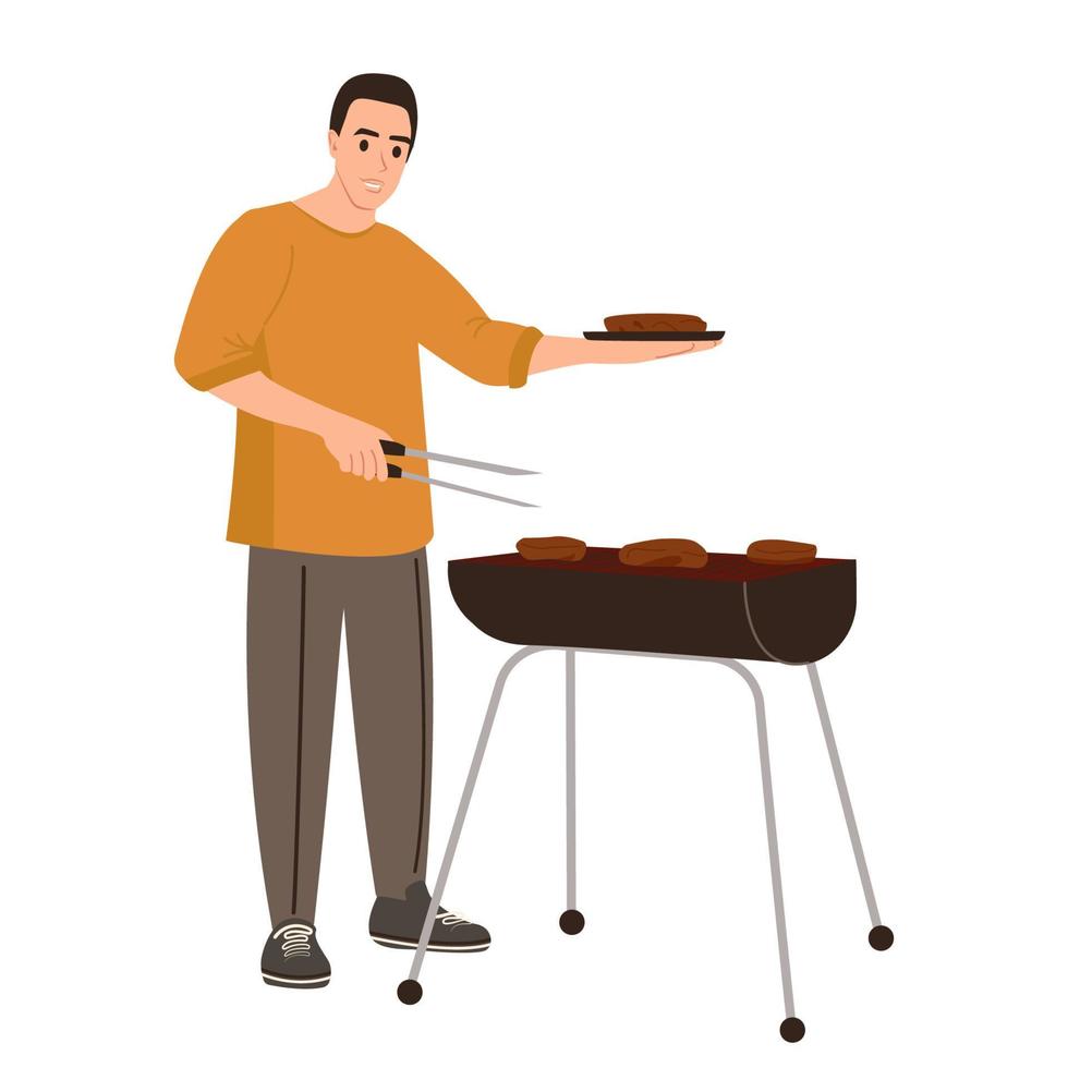 jeune homme cuisinant sur le gril. illustration vectorielle isolée d'un homme préparant de la viande de barbecue. vecteur