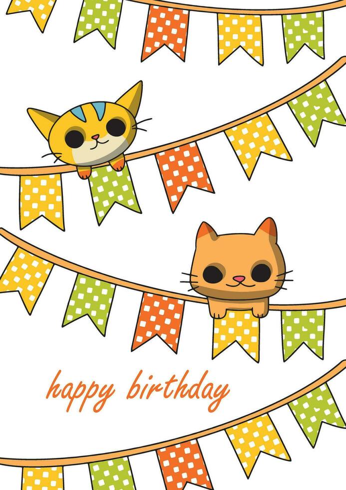 vecteur enfants illustration. anniversaire carte. mignonne chaton, vacances drapeaux. modèle pour toutes nos félicitations, faire-part, affiches.