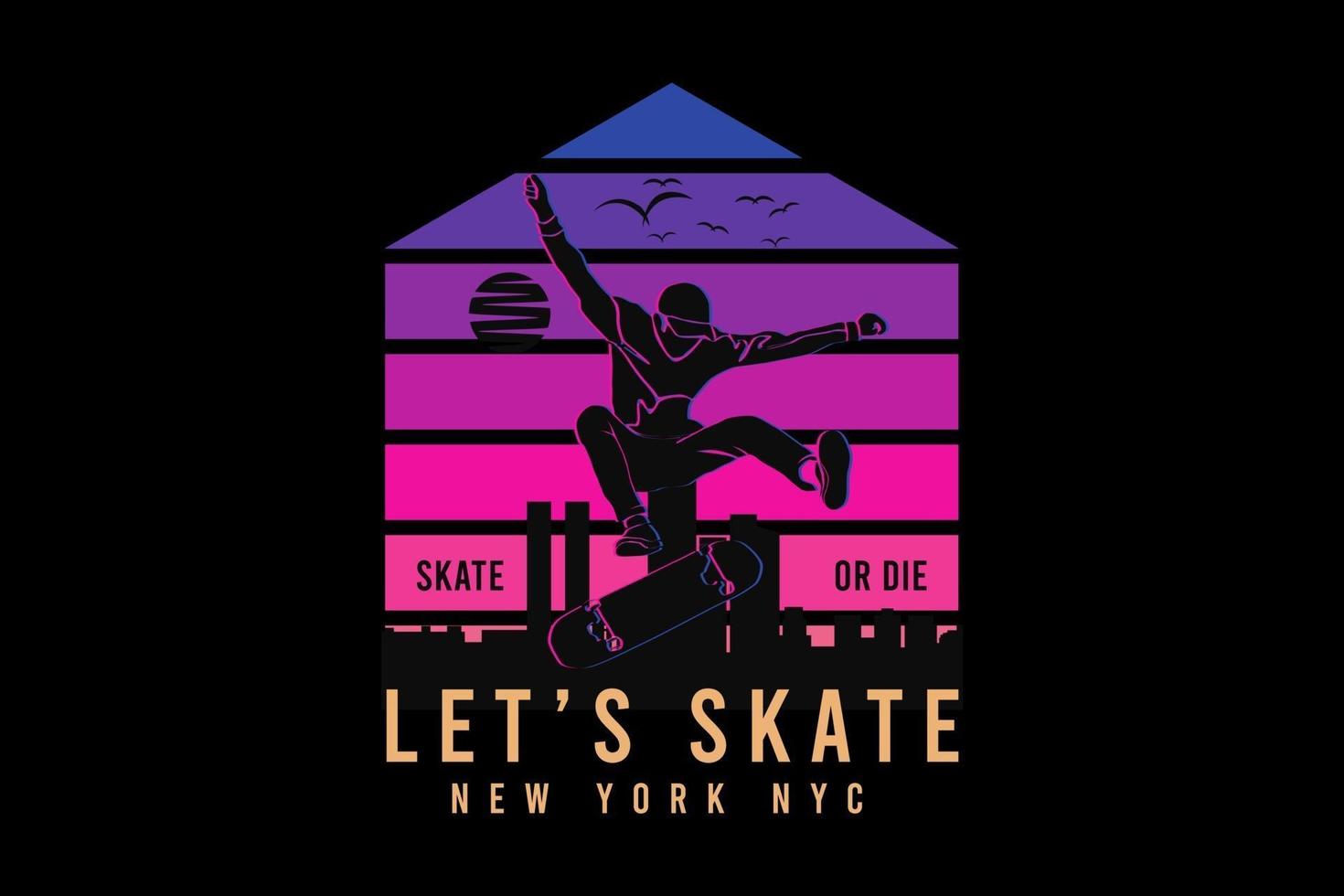 patinons à new york new york city, t design silhouette style rétro vecteur