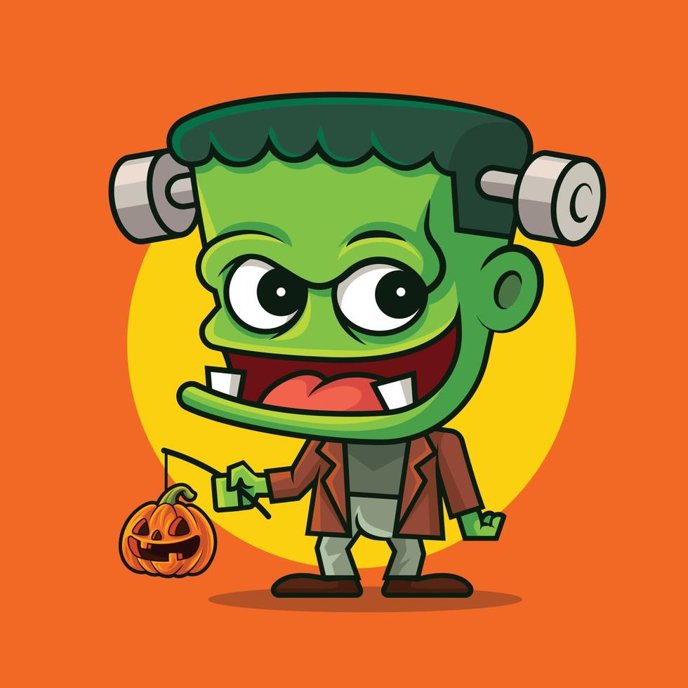 dessin animé mignon monstre vert tenant une lanterne citrouille orange pour célébrer joyeux halloween vecteur