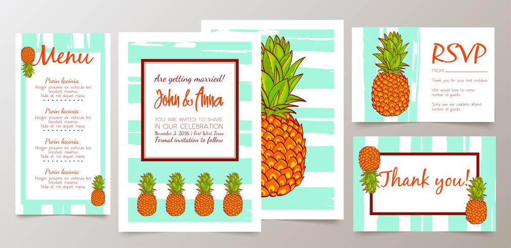 Faites gagner la date, carte d&#39;invitation de mariage avec des ananas rétro vecteur