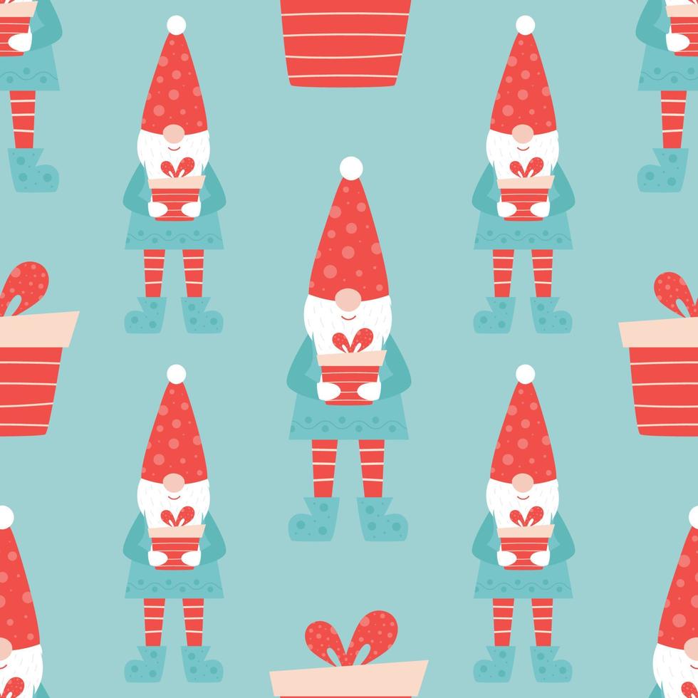 motif de noël sans couture avec gnome mignon et cadeaux. Cadeaux de noël. vecteur