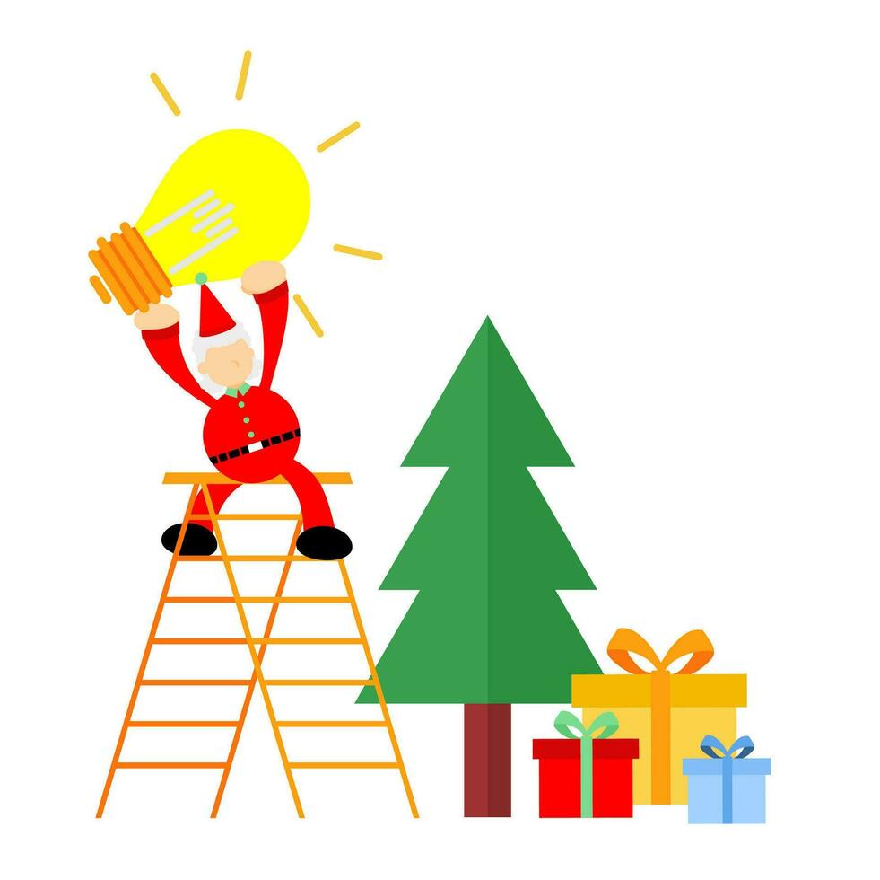 Noël rouge Père Noël choisir lumière ampoule à pin arbre dessin animé griffonnage plat conception style vecteur illustration