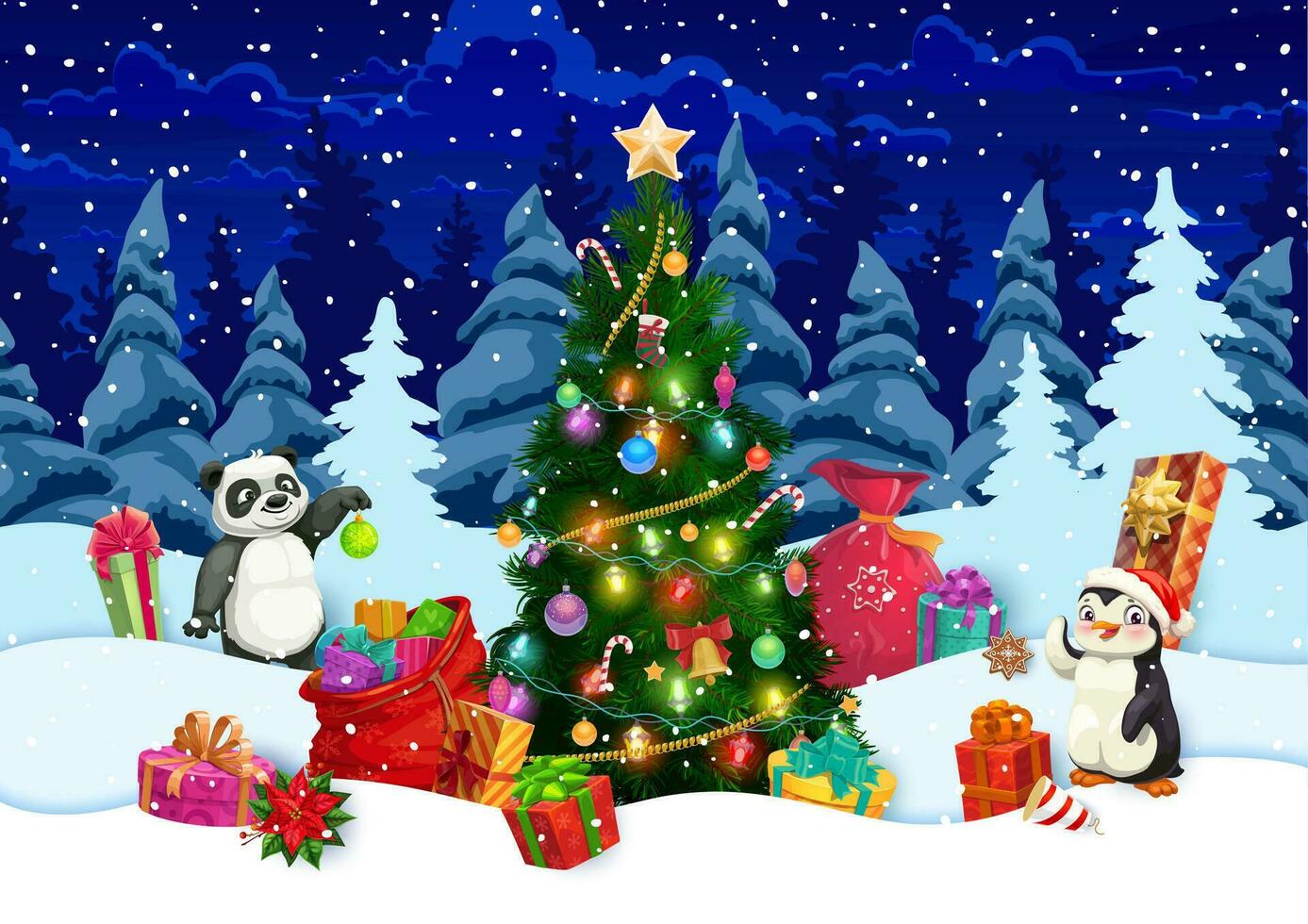 Noël bannière avec cadeaux, pin arbre et animaux vecteur