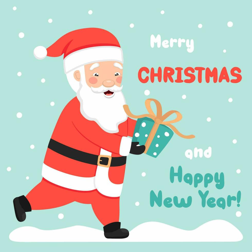joyeux Noël et Nouveau année salutation carte. mignonne Père Noël claus est fonctionnement avec une cadeau boîte dans le sien mains. vecteur