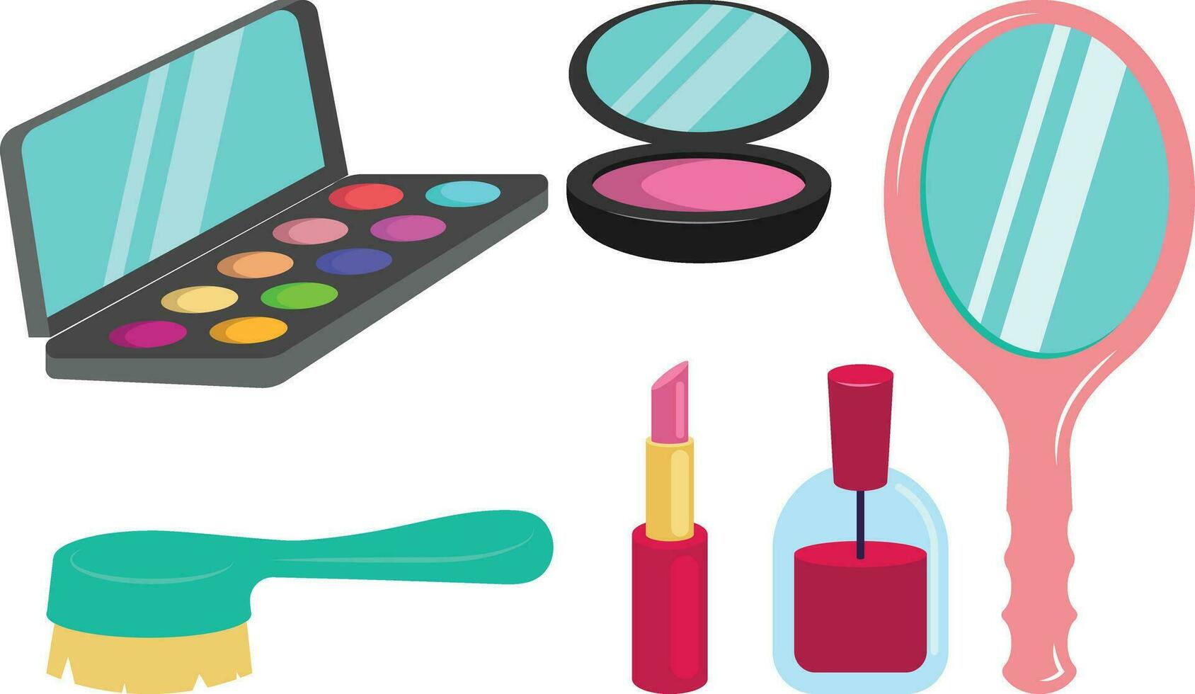 couleurs cosmétique palette, rouge à lèvres, clou polonais, rougir récipient, miroir et brosse maquillage icône ensemble dans dessin animé style vecteur