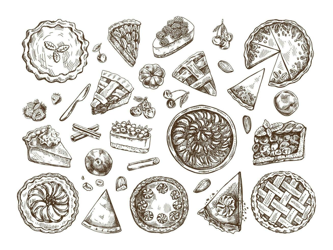 dessiné à la main ancien ensemble de traditionnel Gâteaux, tartes et tartes esquisser. sucré boulangerie, fruit, baies. Haut voir. vecteur collection de encre cuisson illustration. nourriture pour action de grâces, Noël.