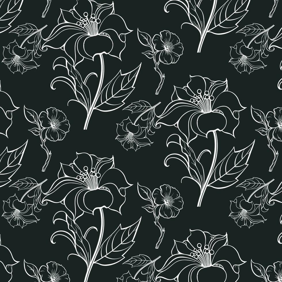 noir et blanc floral modèle avec fleurs de lys et marguerites vecteur