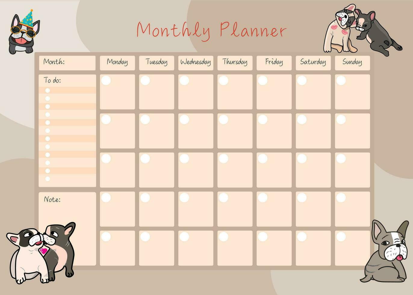 mignonne mois plan la semaine et journée français bouledogue conception Couleur calendrier modèle vecteur