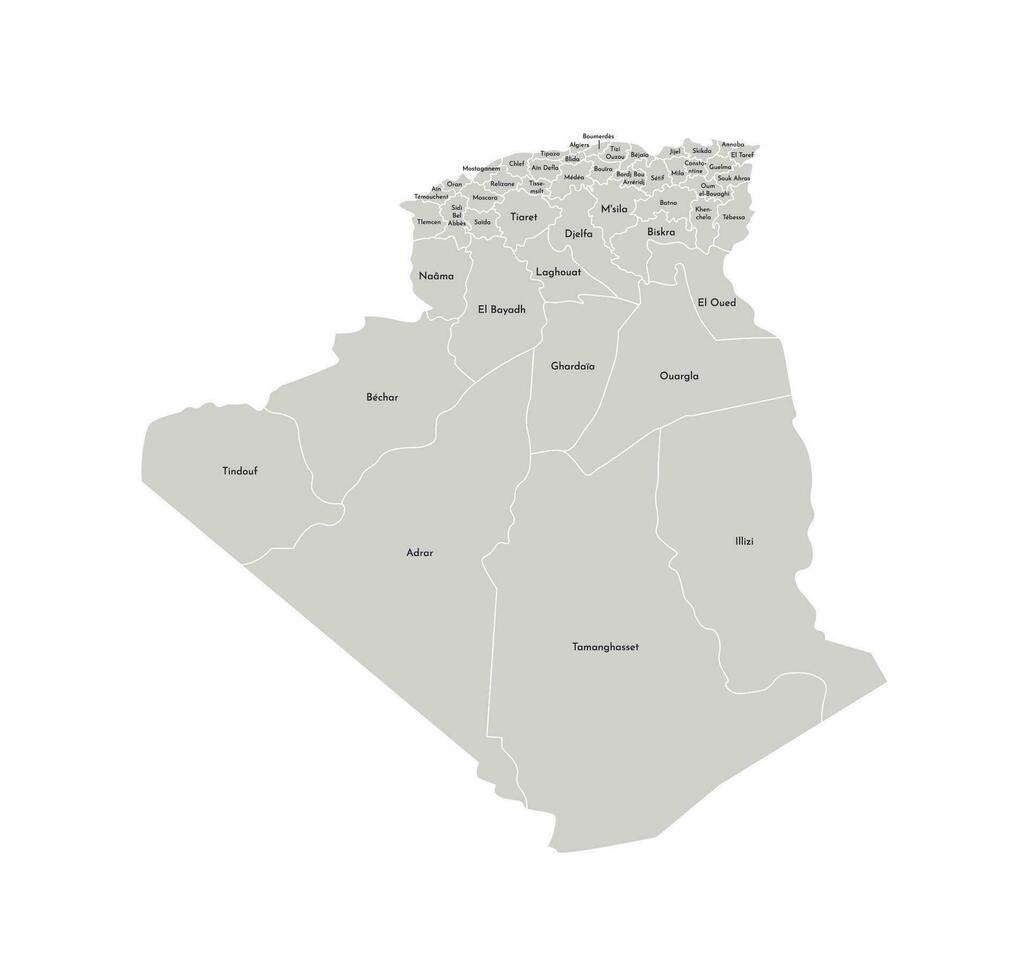 vecteur isolé illustration de simplifié administratif carte de Algérie. les frontières et des noms de le provinces, Régions. gris silhouettes. blanc contour