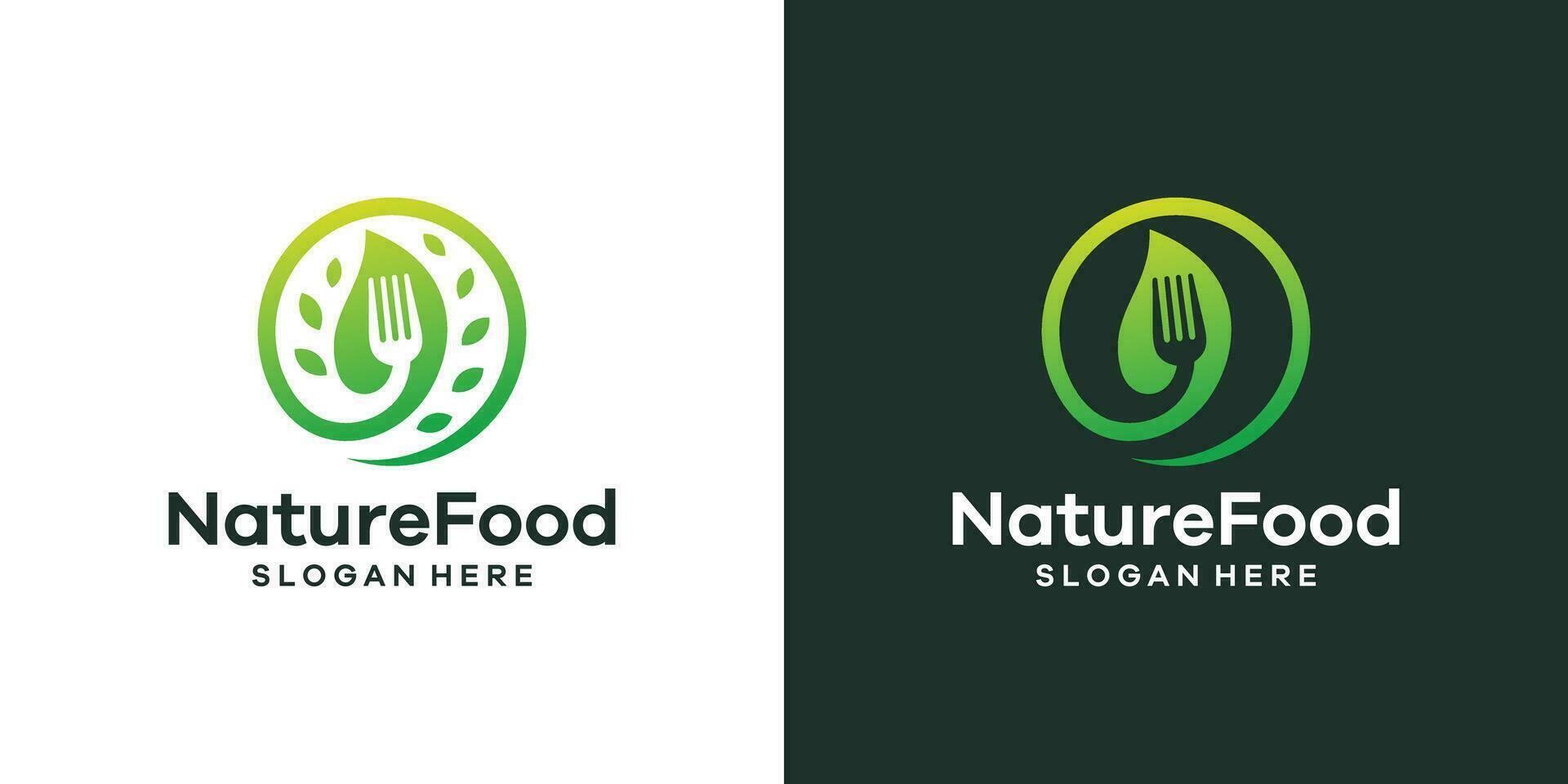 en bonne santé nourriture logo conception avec cuillère, fourchette, et feuille conception graphique vecteur illustration. symbole, icône, créatif.