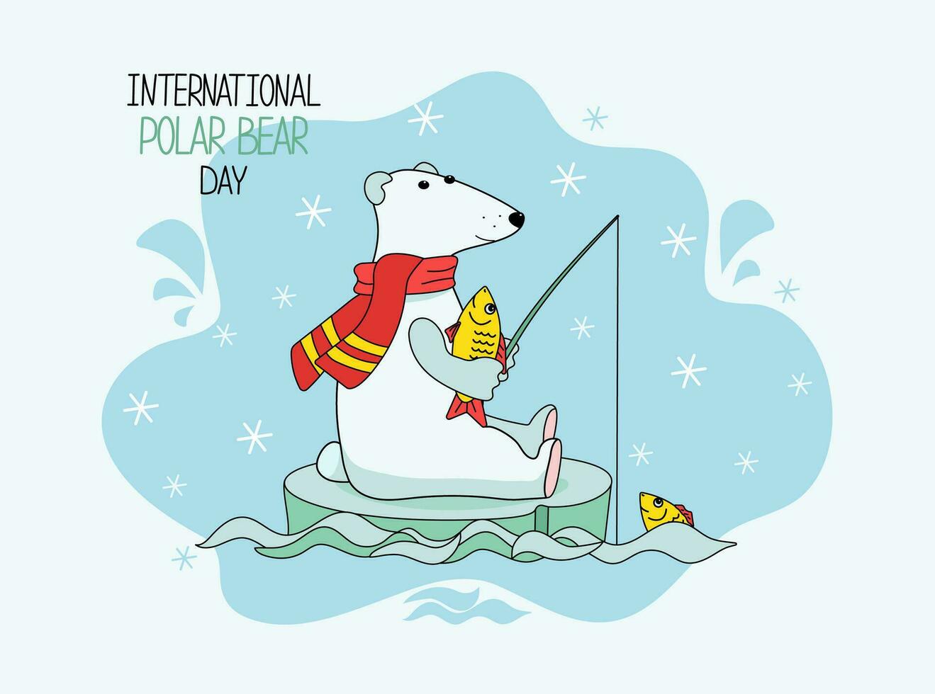 polaire ours journée. dessin animé polaire ours captures poisson. une polaire ours est assis sur un la glace banquise, signé carte. main caractères. vecteur