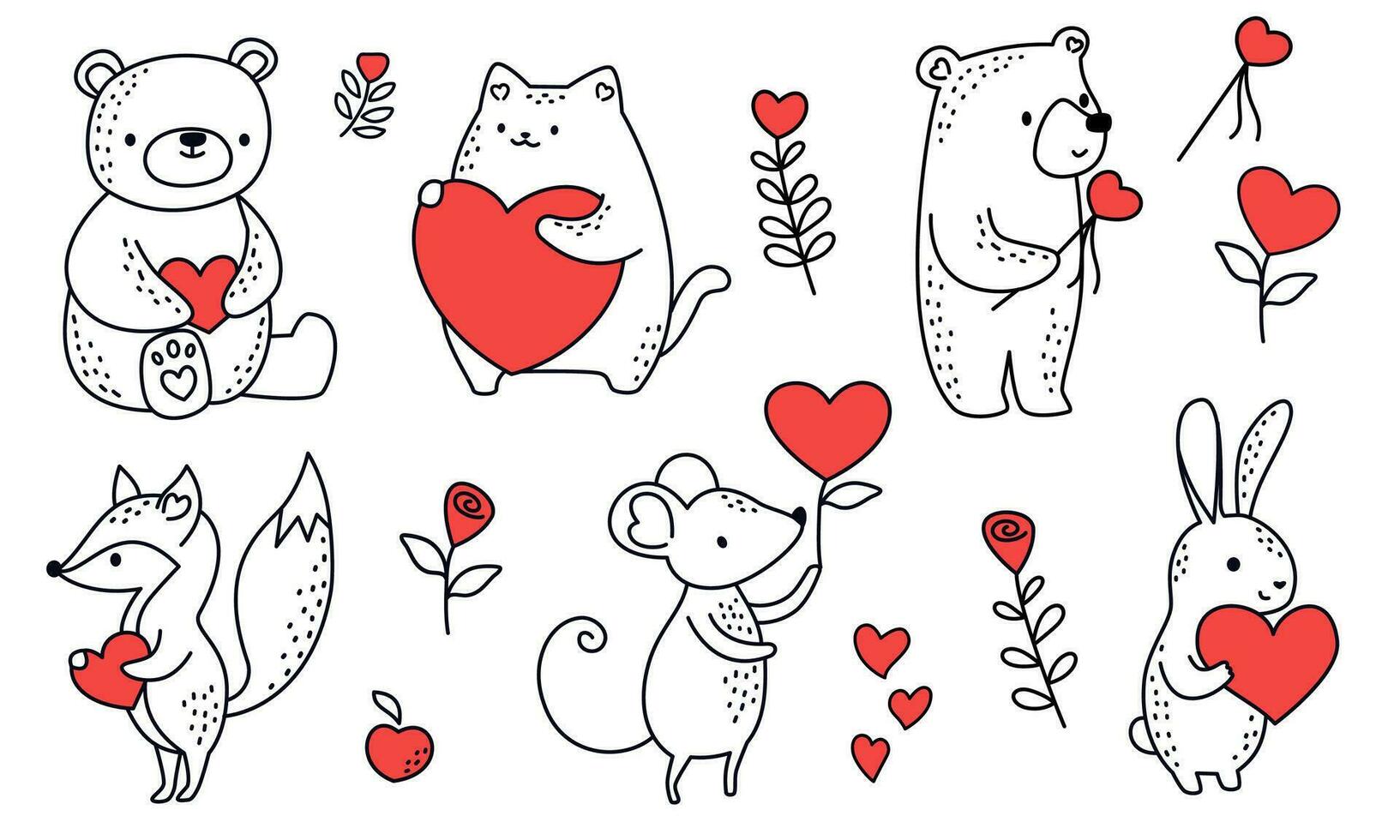 la Saint-Valentin journée vecteur ensemble. mignonne animaux dans griffonnage style en portant cœurs, ours, souris, Renard, chat, lièvre. différent fleurs et cœurs. linéaire noir et blanc enfants illustration