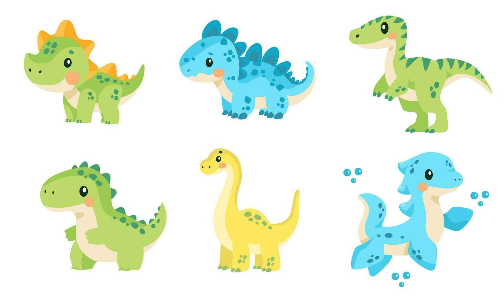 une ensemble de super mignonne vecteur enfants illustrations. mignonne vert dinosaures sur blanc arrière-plan, bleu aquatique dinosaure avec palmes